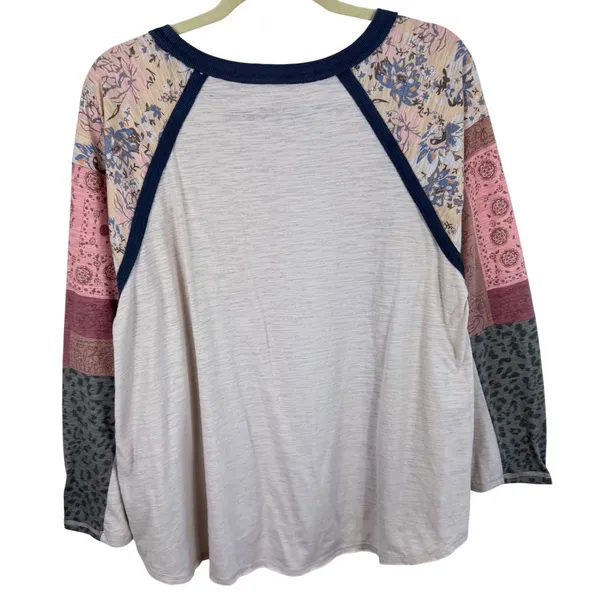 Easel Womens Mixed Print Raglan Top‎ Long Sleeve Floral Leopard Slub Knit Medium - Image 2