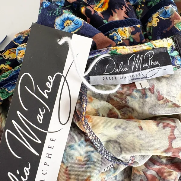 NWT Dalia MacPhee Womens Blue Floral Velvet‎ Boho Romantic Bell Sleeve Dress L - Image 4
