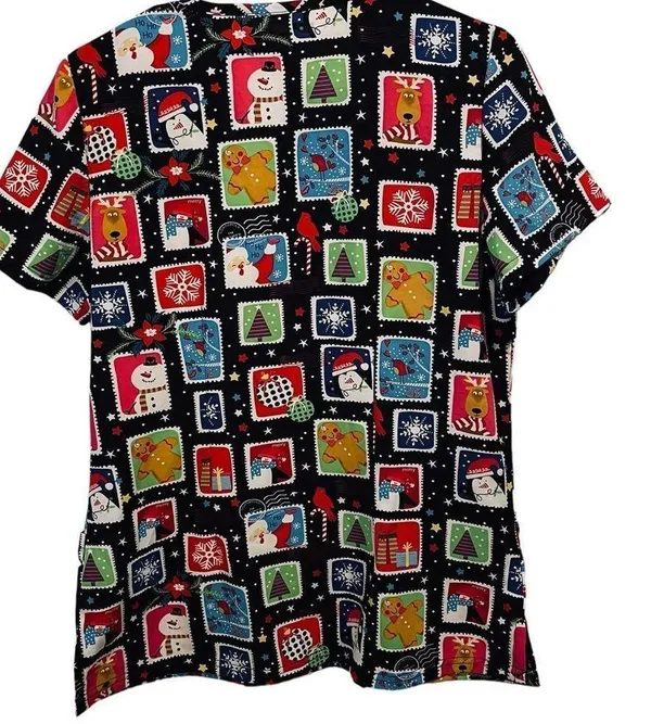 UA Flex 2 Christmas Holiday Festive Stamp Sticker Stretch Medical Scrubs Top - Image 6