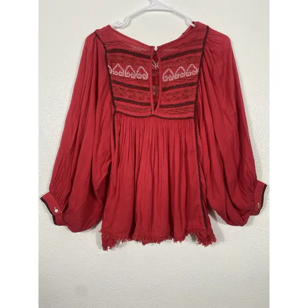 Free People Red Boho Embroidered Lace Peasant Top Women’s Size S/p - Image 9