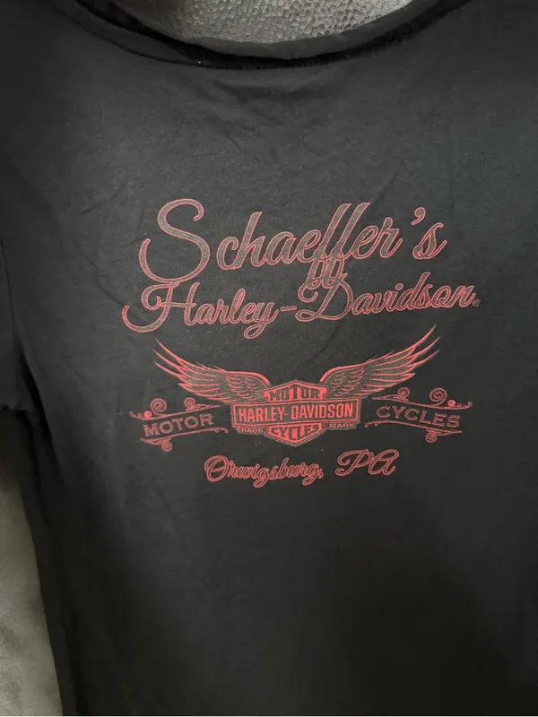 Schaeffer’s Genuine Harley-Davidson Black Tee with Blue & Red Logo size xs - Image 3