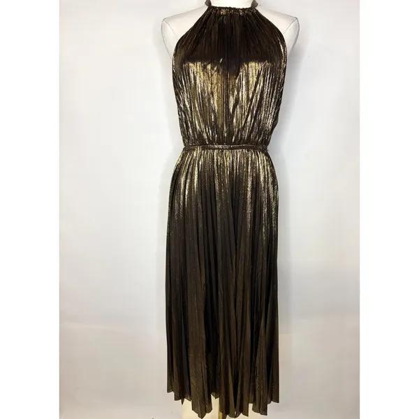 Lucy Paris Metallic Gold Pleated Halter Midi Dress DR3713-2 Small - Image 3