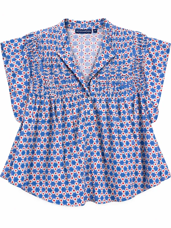 Ro's Garden Women's M Blue Red Floral Cotton Pintuck Puff Sleeve Blouse - Image 2