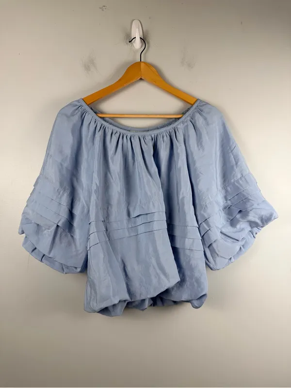 ANTHROPOLOGIE MAEVE SHORT PUFF SLEEVE BUBBLE TIERED BLOUSE SHIRT TOP BLUE medium - Image 4