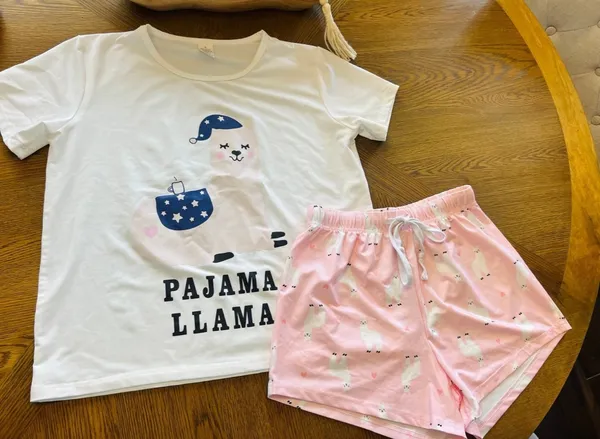 Women Short Sleeve Tee & Shorts Pajama Set Cute Alpaca Llama Sleepwear Small - Image 5