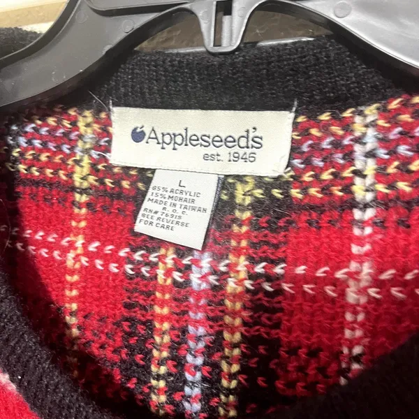 VTG Appleseeds Red Plaid Mohair Blend Cardigan Sweater Gold Button Jacket Large - Image 4
