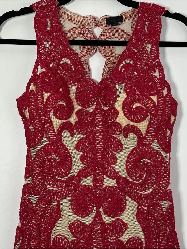 NBD Red Nude Embroidered Lace Mini Dress XS Open Back - Image 3