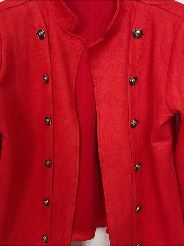 Red Faux Suede Feel Military Double Breasted Open Front Jacket Blazer - Image 3