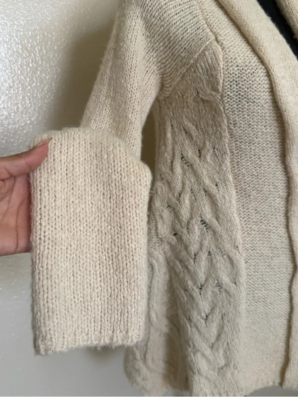 Free People Boho Cream Cable Knit Shawl Cardigan Fringe Wool Blend XS - Image 6