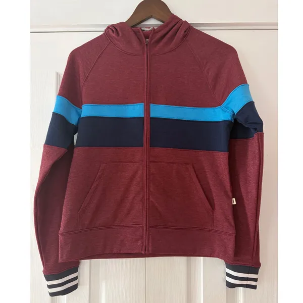 Cotopaxi Womens XS Full Zip Hoodie‎ Maroon Blue Stripe Grid Fleece Sweatshirt - Image 2