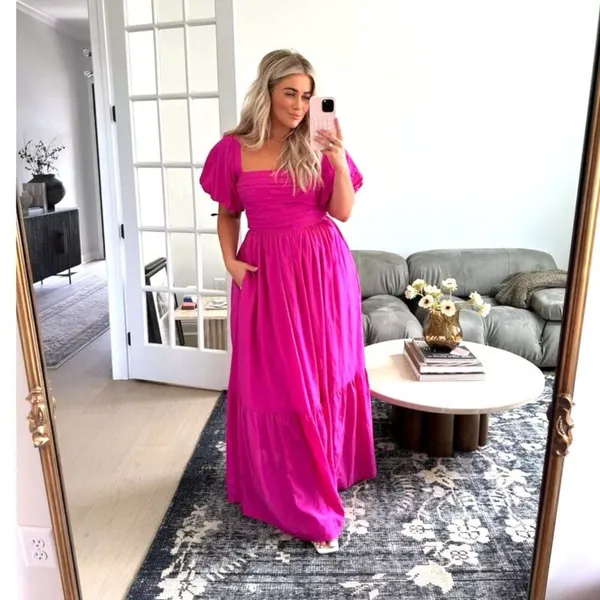 Abercrombie & Fitch Emerson Drama Bow-Back Pink Maxi Dress Tiered Size XS - Image 2