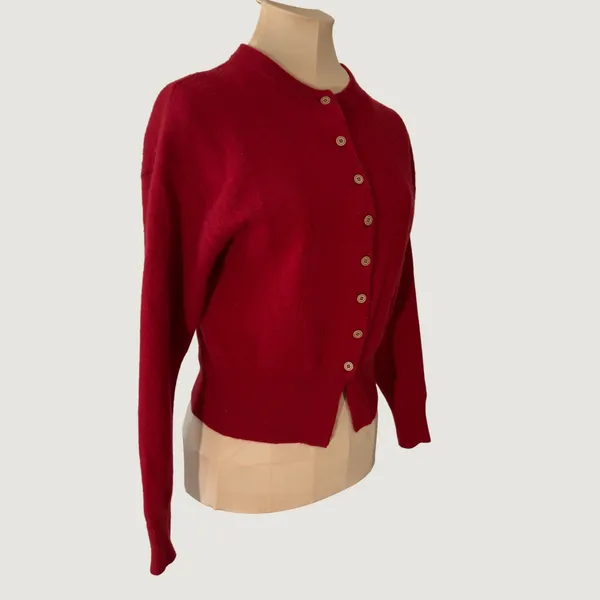 3075 | 100% Wool Cropped Cardigan Sweater Red Button Front Crew Neck Womens S - Image 3