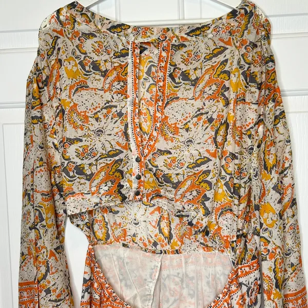 Free People Sun Print Paisley Cutout‎ Mini Dress Orange Yellow Gray Size M - Image 7