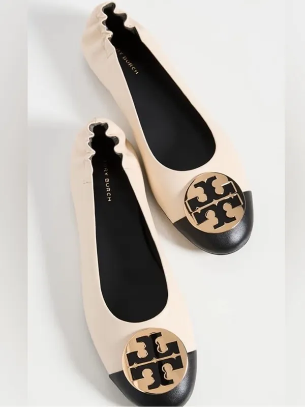 Tory Burch Claire Cap Top Leather Ballet Flats in New Cream/Black Size 9 Neutral - Image 2