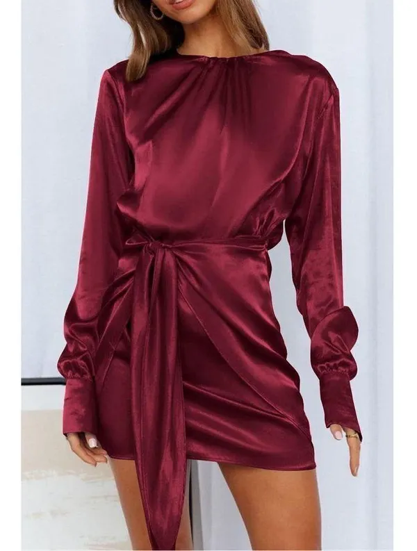 New Satin Dress Tie Waist Elegant Cocktail Mini Red 16 XL - Image 2