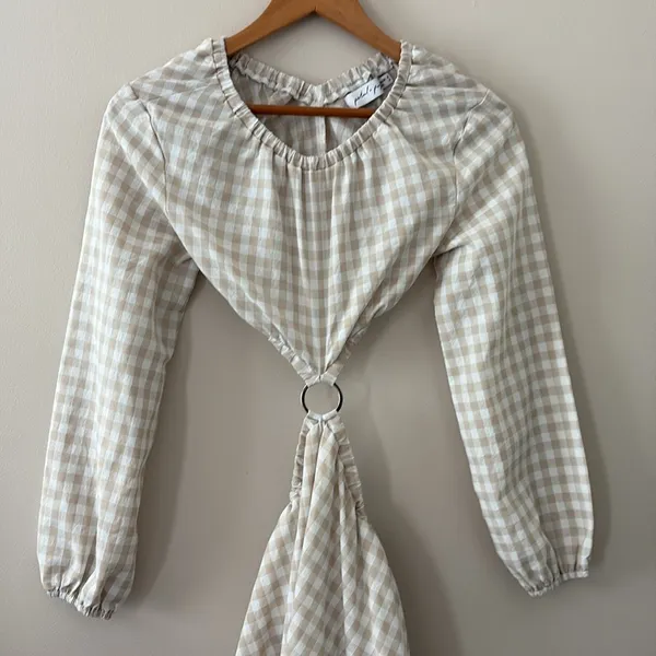 Petal & Pup‎ Beige Cut Out Gingham Dress 100% Cotton Mini Puff Sleeves Size 4 - Image 4