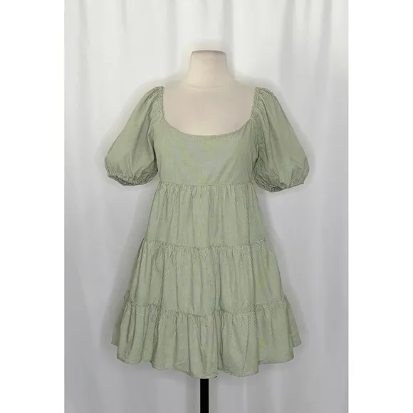 NIA Silvana Green White‎ Gingham Babydoll Dress Tiered Mini Summer Puff Medium - Image 2