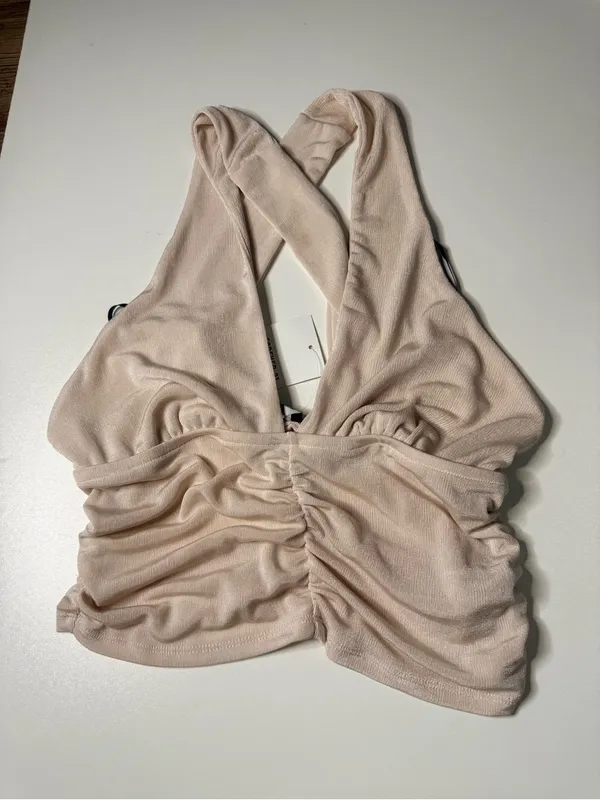 Forever 21 Beige Ruched Halter Cross-Back Crop Top - Image 6