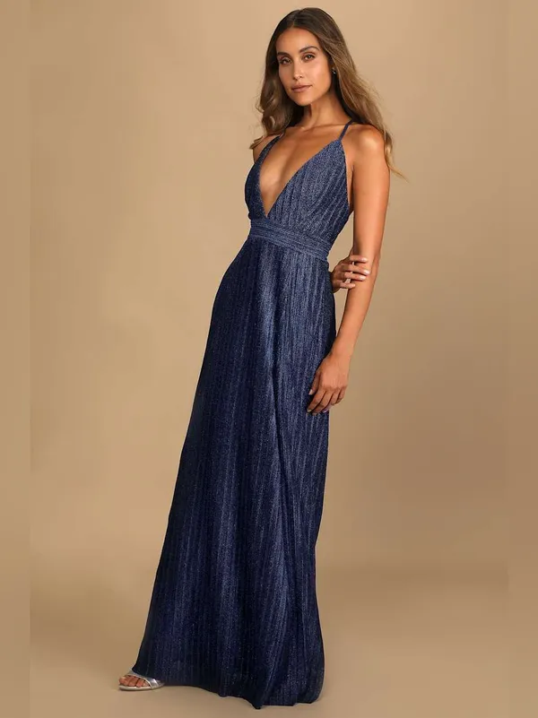 Luxxel Lulus Magical Looks Sparkly Maxi Dress Navy Blue Deep V-Neck Metallic Gown NWT S - Image 4