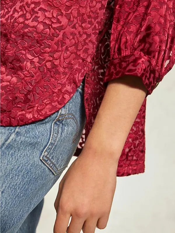 Anthropologie Susanna Burnout Velvet Blouse Women XL‎ Plum New Buttondown Top - Image 4