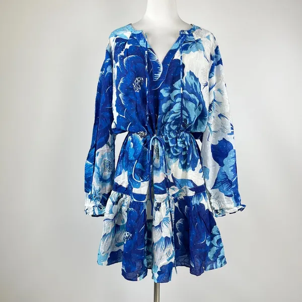 NWOT Cotton Blue Floral V Neck Mini Dress Size L - Image 2