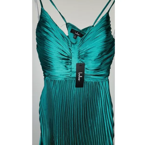Lulus Green Pleated Satin Maxi Dress - Image 4