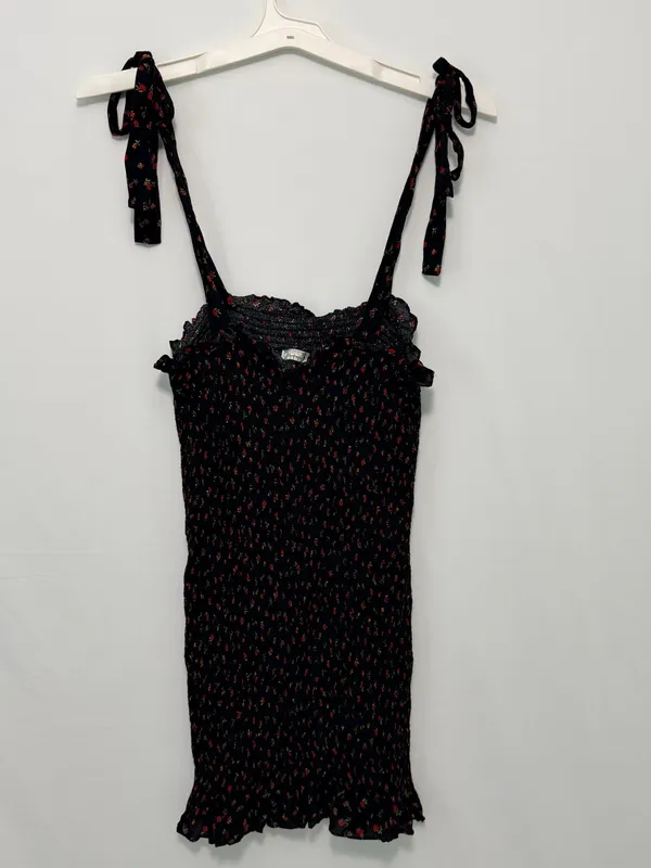 Free People Bella Black Floral Print Smocked Bodycon Mini Dress Large - Image 4
