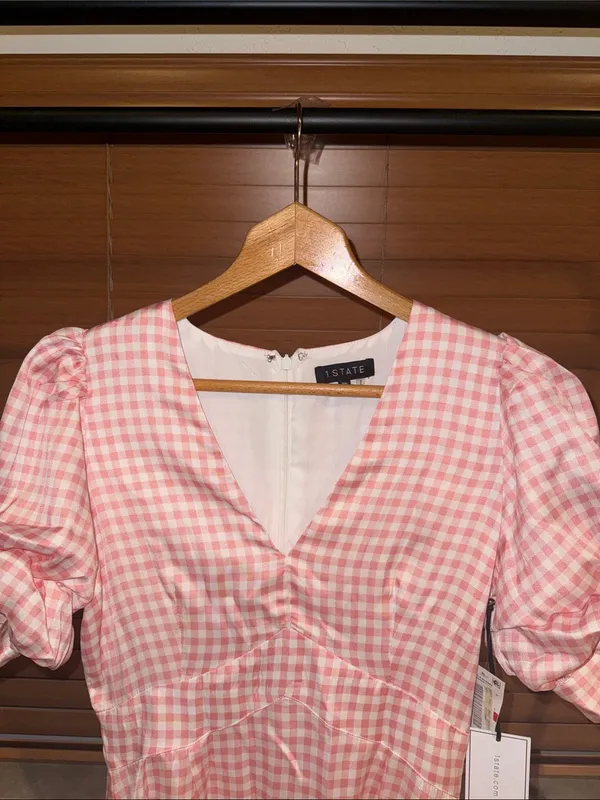 1. STATE Pink Gingham Puff-Sleeve Dress - Image 4
