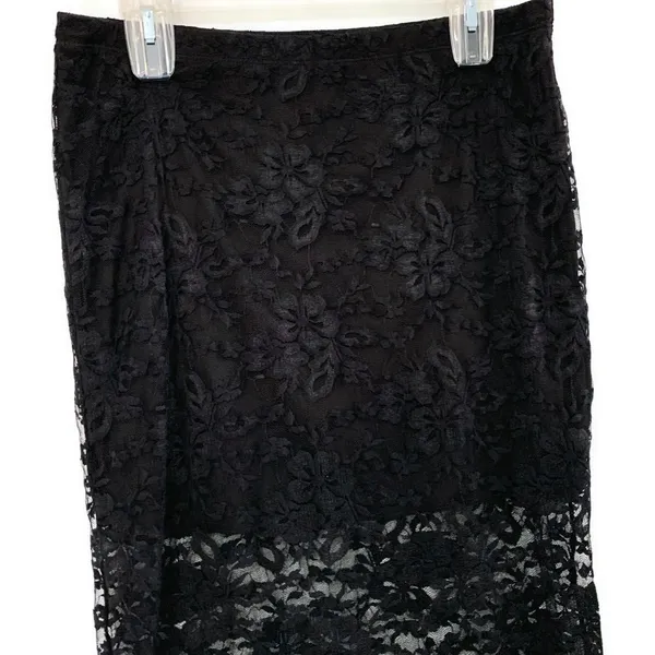 Black Floral Lace Pencil Midi Skirt XL Sheer Stretch Lined - Image 6