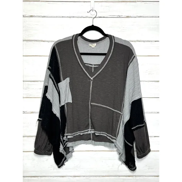 POL Patchwork Thermal Top Small Oversized Cropped Raw Hem Colorblock Boho - Image 2