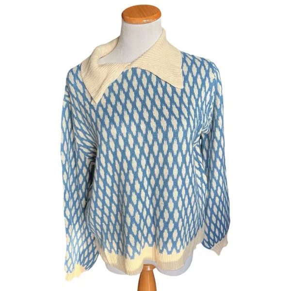 Womens Shein Argyle Print Split Neck Lantern Sleeve Sweater - Sz L - Image 2