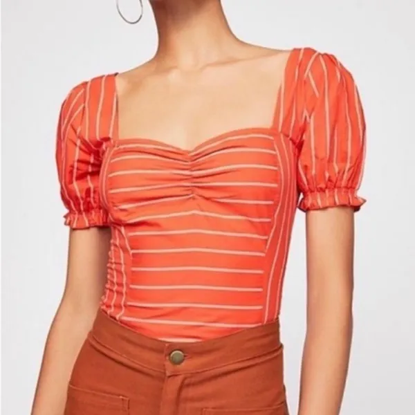 Free People Women's Orange Striped Puff Sleeve Crop Top Blouse Size XS - Image 13