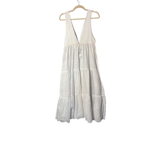 PilyQ Anne Eyelet Dress XS/S White Tiered Maxi Boho Coastal Unlined Coverup - Image 2