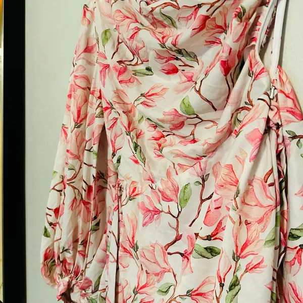 BRONX AND BANCO Layla Floral Pink White One Shoulder Silk Bow Mini Dress Size S - Image 13
