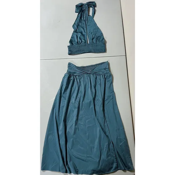 Blue Periwinkle Satin Silk Maxi Skirt and Halter Crop Top Matching Set Coords Size S 🩵✨ - Image 3