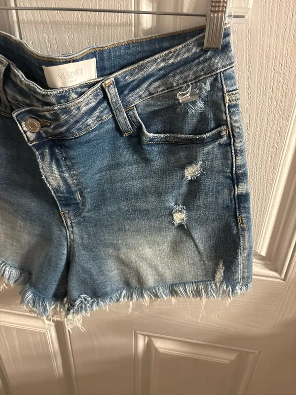 Vervet Blue Distressed Asymmetric Button Fly Denim Shorts Size M - Image 2