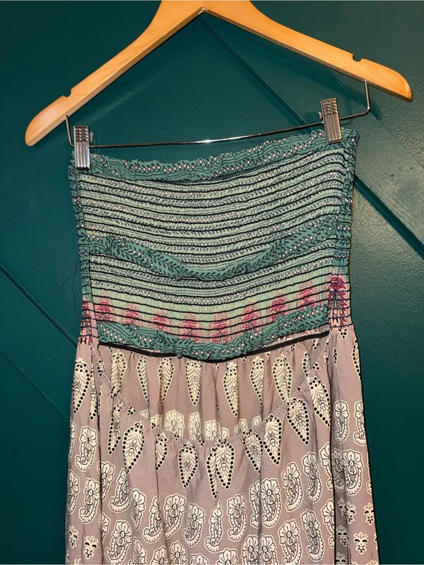 Audrey Boho Strapless Open Back Wide Leg Jumpsuit Green Taupe Print - Image 6