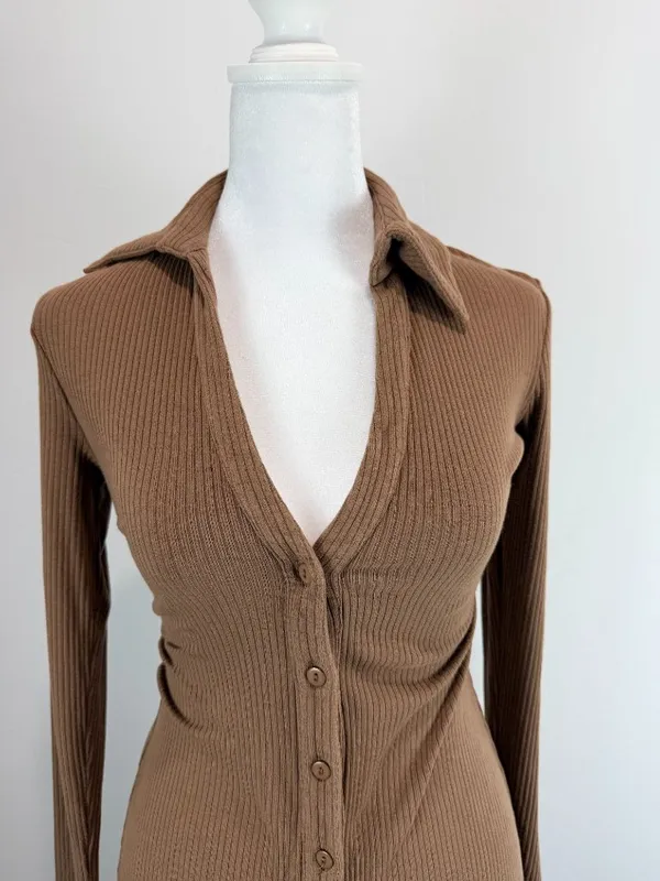 Lucca Brown Ribbed Long Sleeve Button-Down Midi Dress With Collared Neckline S - Image 13