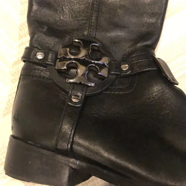 Tory Burch Aaden Black Leather Riding Boots Size 6 Silver Logo Tall Knee High - Image 3