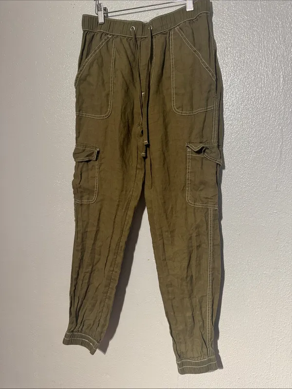 Nicole Miller Linen Cargo Jogger Pants Olive Green Sz S European Flax Contrast - Image 2