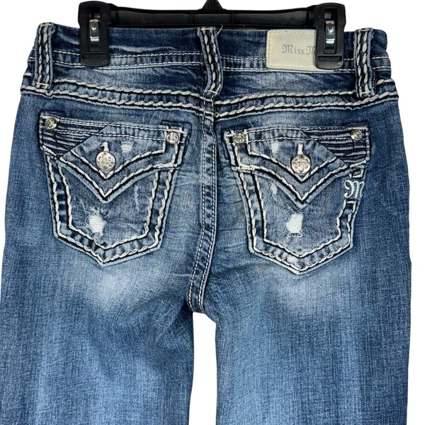 Miss Me SZ 26 Mid-Rise Boot Jeans Distressed Whiskered Stretch Zip-Fly Pockets - Image 6