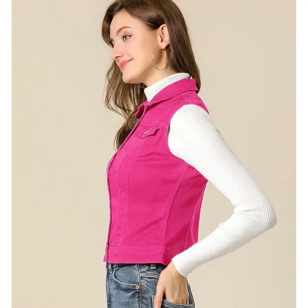 NWT Allegra K Fuchsia Denim Vest Button Front Flap Pocket Slim‎ XS - Image 2