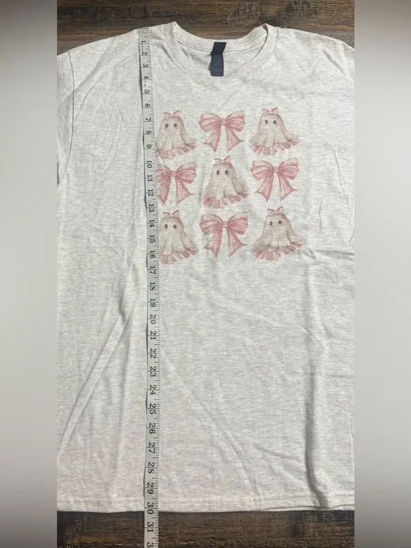 Gildan Ash Gray Tee with Pink Ghost & Bow Print - Image 7
