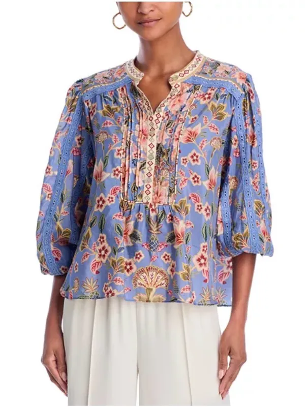 FARM Rio Super Bloom Tapestry Blue Floral Blouse Top Size M - Image 3