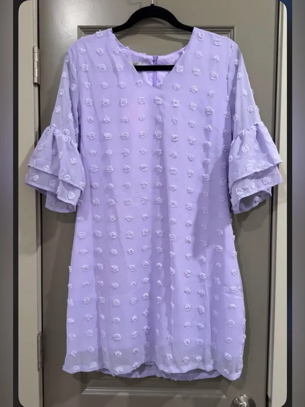 Lilac V-Neck Mini Dress with Textured Dot Detail - Image 2