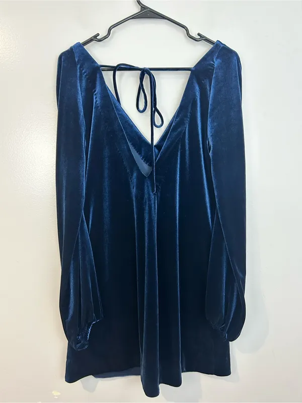 Free People Blue Velvet V-neck Long Balloon Sleeve Shift A-line Mini Dress Small - Image 9