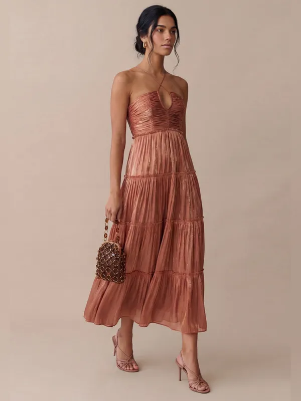 Few Moda NWT o.p.t East Dress size Large Rust Cowboy Copper midi pleated - Image 3