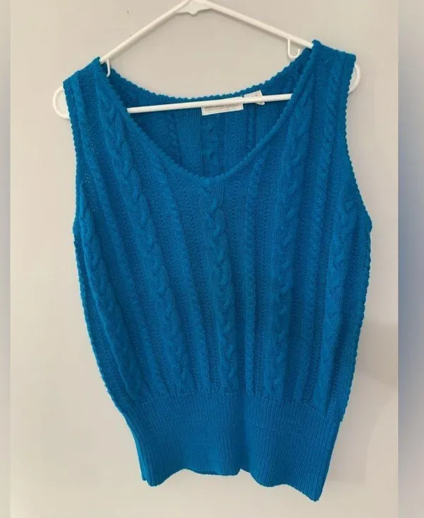 VTG Knit V-neck Sweater Tank Top Hippie Boho Sleeveless Top Blue Size S - Image 3