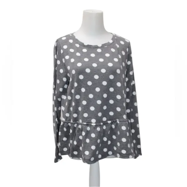 Francesca's Size Medium Gray Polka Dot Peplum Long-Sleeve Top - Image 2