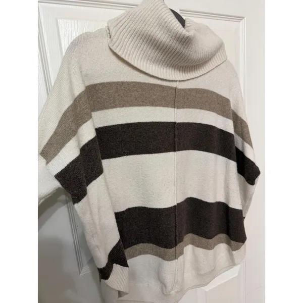 LOFT Womens Striped Cowl Neck Poncho Sweater‎ Cream Brown Tan Small - Image 4